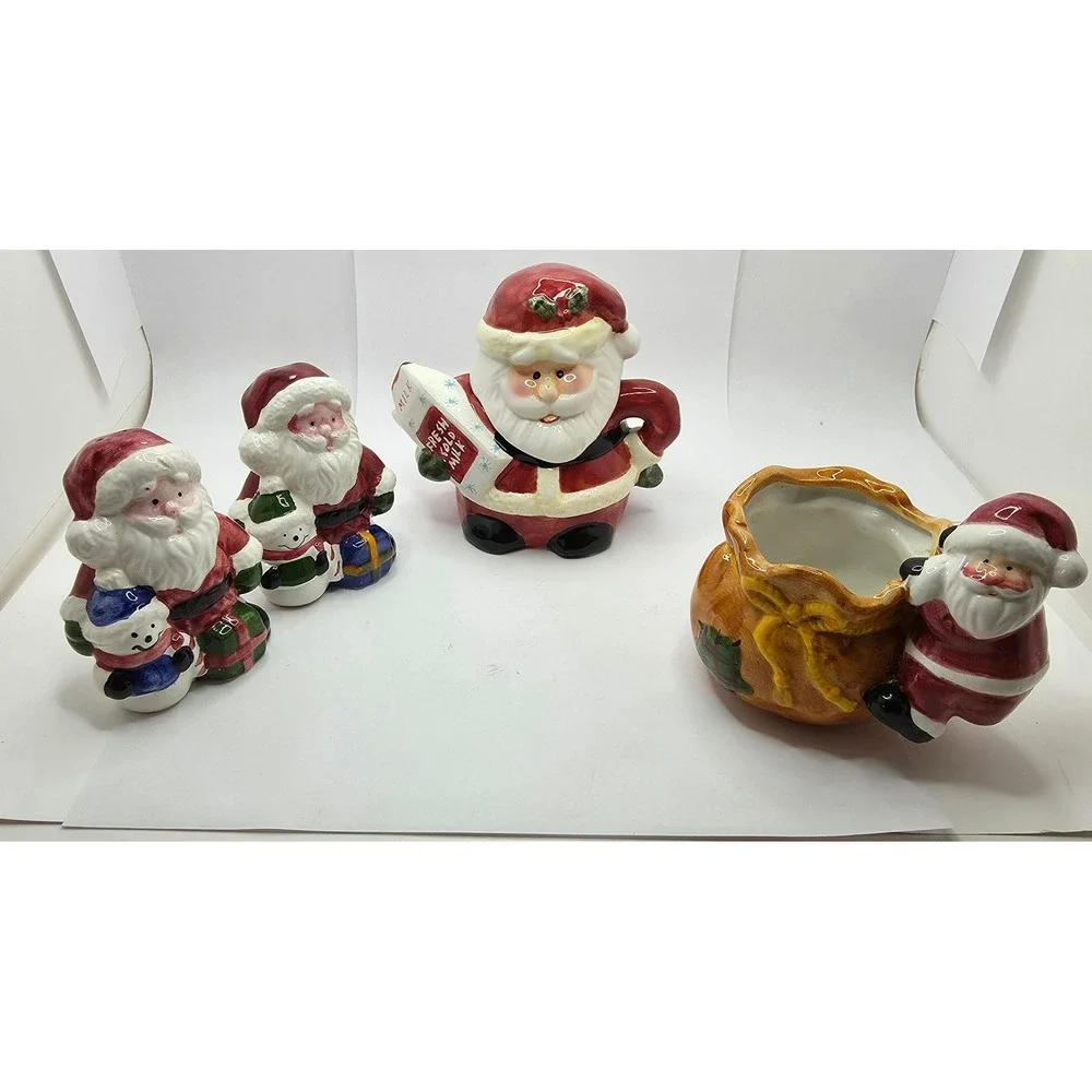 Ceramic Santa Claus Christmas Tea Set Milk Teapot Salt Pepper Shakers & Planter